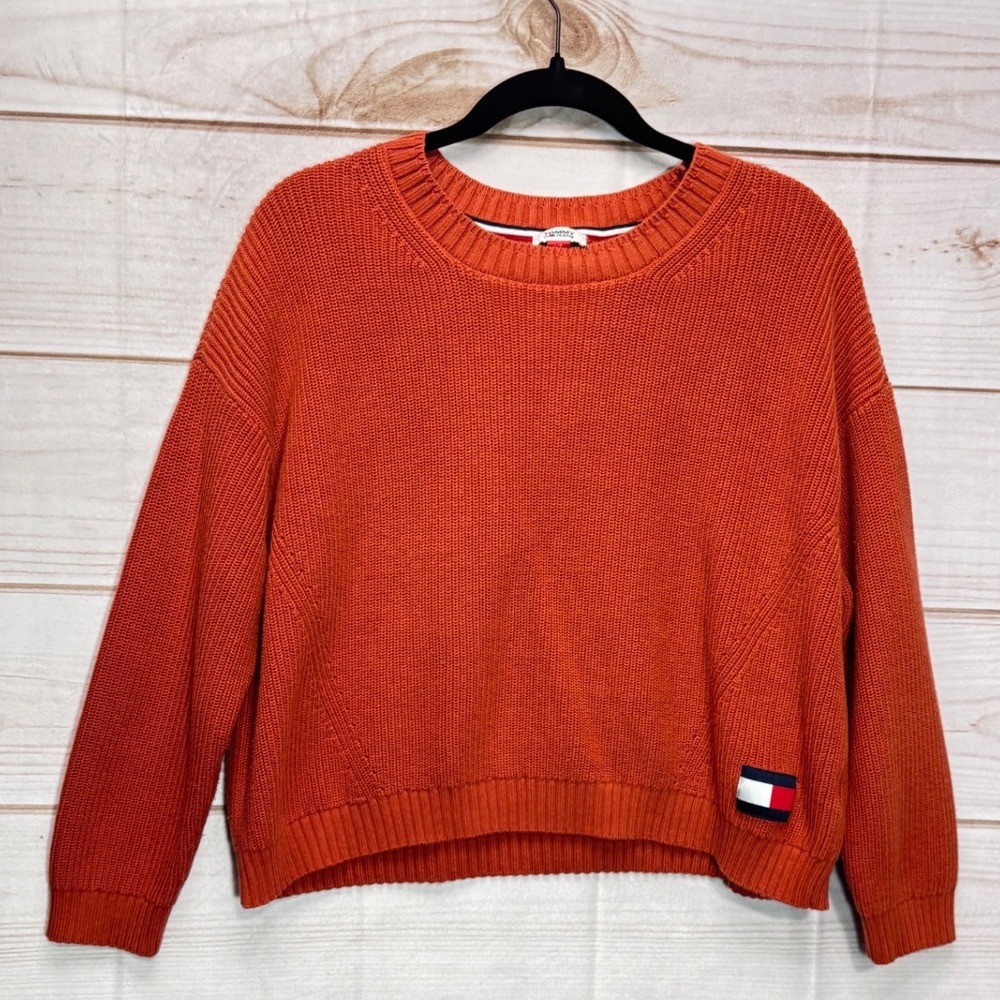 Tommy Jeans Women's Large‎ Burnt Orange Shaker Stitch Knit Crop Crewneck Sweater